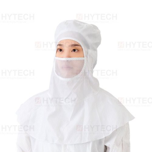 女實驗員穿戴全罩無塵披肩帽-露眼款(條紋布)，車縫網布口罩。