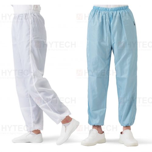 無塵長褲(無塵褲)。白色款側面照、藍色款正面照。