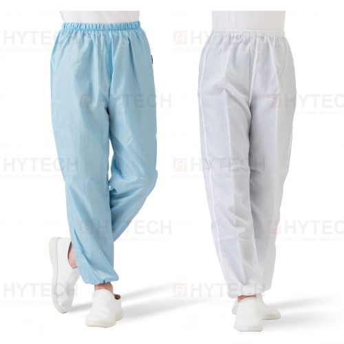 無塵長褲(無塵褲)。白色款側面照、藍色款正面照。站姿一