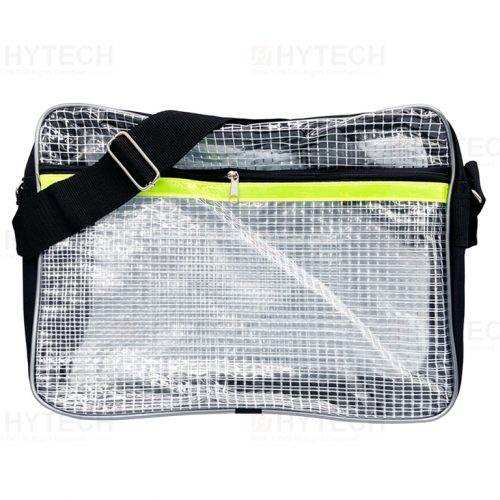 PVC抗靜電網格背包，透明PVC材質，除主收納空間外，側面添加拉鍊夾層及螢光色反光條，黑色尼龍背帶可調整長短。
