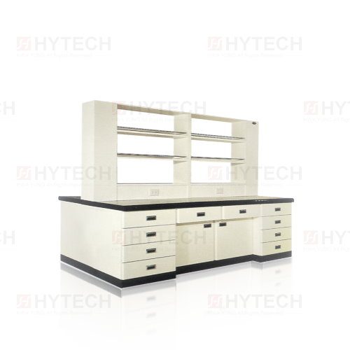 實驗室工作桌，附層架可客製化。