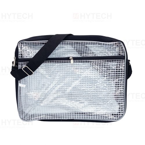 PVC抗靜電網格背包，透明PVC材質，不發塵好清潔，除主收納空間外，側面添加拉鍊夾層，黑色尼龍背帶，可調背帶整長短。